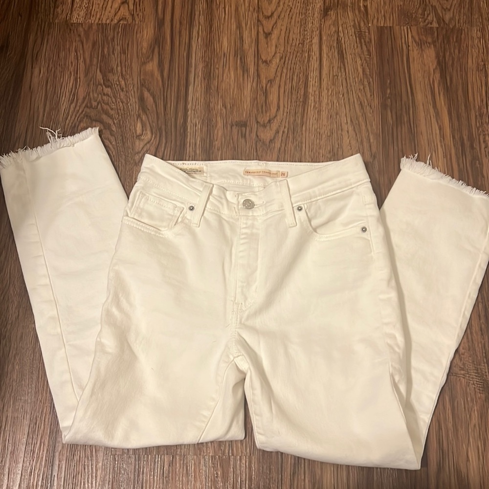 Levi white 724 high rise straight crop distressed jeans